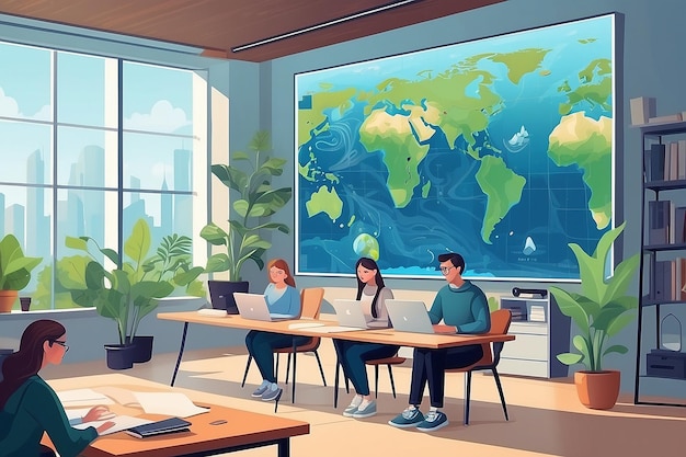 a flatstyle illustration of students using AIdriven simulations to study climate change scenarios vector illustration in flat style