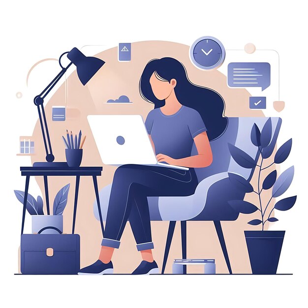 Photo a flatstyle illustration of a woman focused on her laptop ideal for workfromhome business tech or