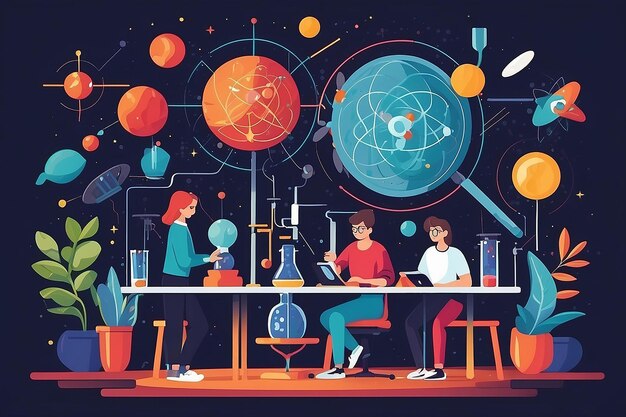 a flatstyle image of students exploring the principles of quantum physics in the lab vector illustration in flat style