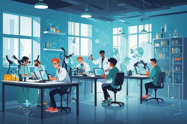 a flatstyle image of students participating in a scientific hackathon in the lab vector illustration in flat style