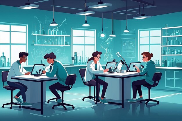 a flatstyle image of students participating in a scientific hackathon in the lab vector illustration in flat style