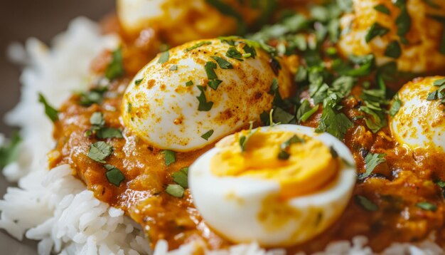 Photo flavored indianstyle eggs garnished with fresh herbs and spices