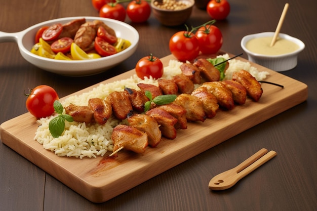 Photo flavorful bbq kebab plate with roasted tomatoes and rice