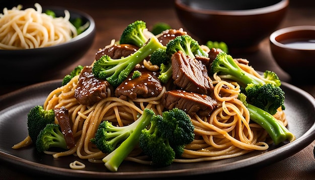 Photo flavorful beef and broccoli lo mein with tender beef and fresh broccoli