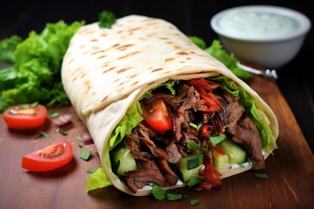 Photo flavorful beef steak doner with melted cheese and fresh veggies