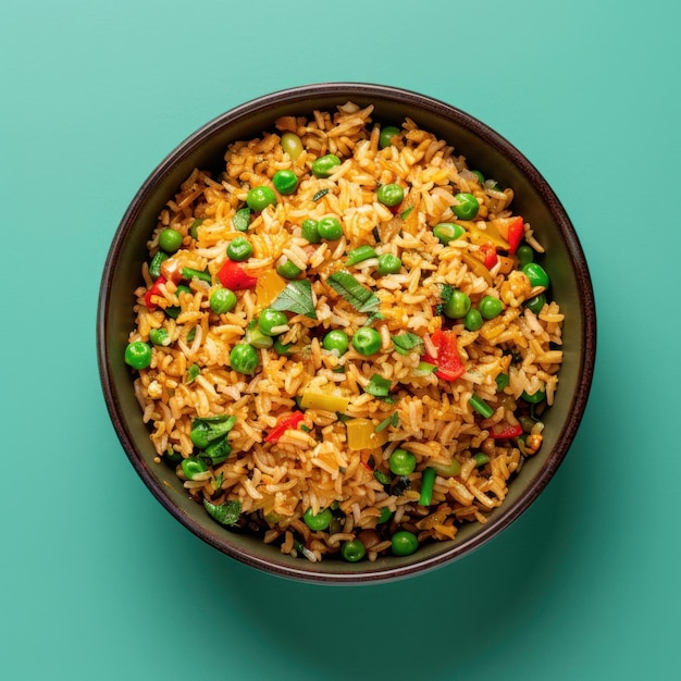 Flavorful and colorful vegetable fried rice with peas carrots and bell peppers