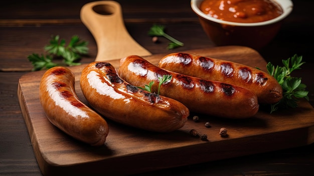 Flavorful grilled sausages on a wooden platter topped with an assortment of sauces and herbs Ai generated