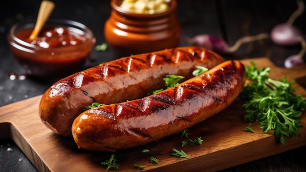 Flavorful grilled sausages on a wooden platter topped with an assortment of sauces and herbs Ai generated