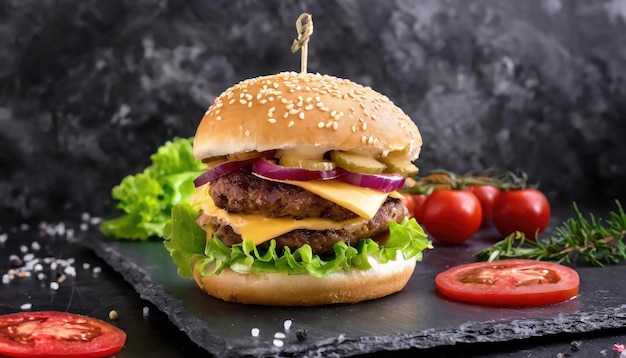 Flavorful Homemade Burger Culinary Treat on Black Background