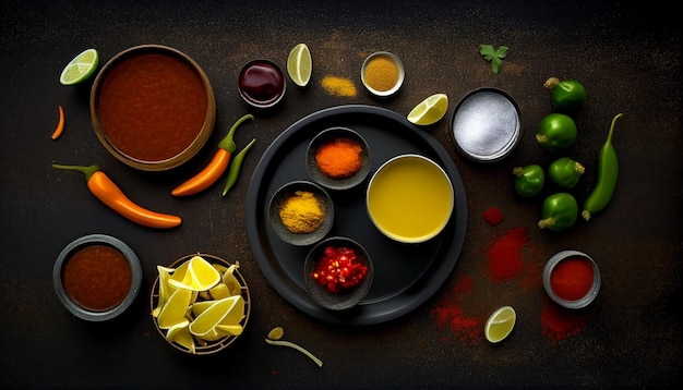 Flavorful Indian condiments view from above with copy space