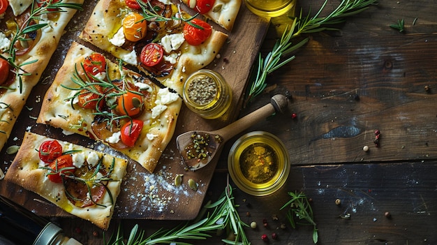 Photo flavorful mediterranean flatbread pizza on wooden cutting board