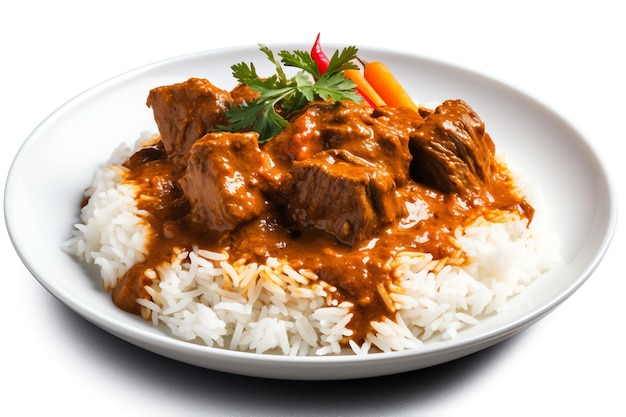 Flavorful plate of rendang isolated white object