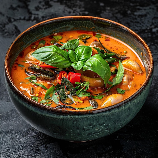 Flavorful Red Curry with Water Beetles and Fresh Thai Basil side view