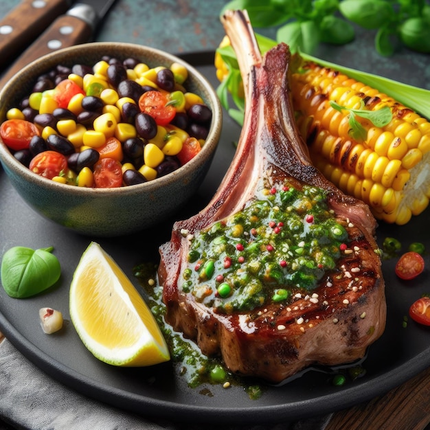 A flavorful roasted lamb chop with a chimichurri and lemon sauce