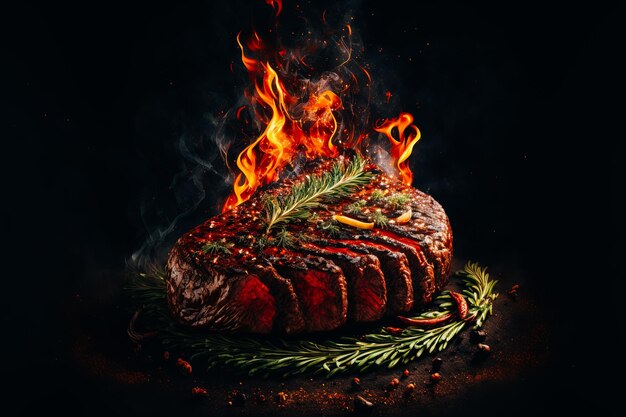 A flavorful steak seasoned with a mix of herbs and spices grilled over hot coals