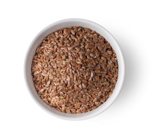 Flax seeds in white bowl   top view