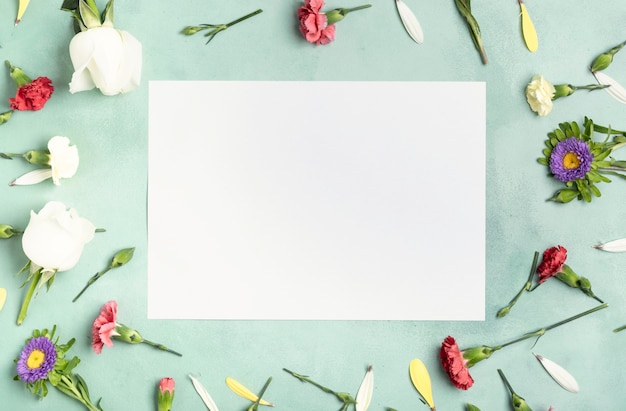 Flay lay frame of carnation flowers with white card