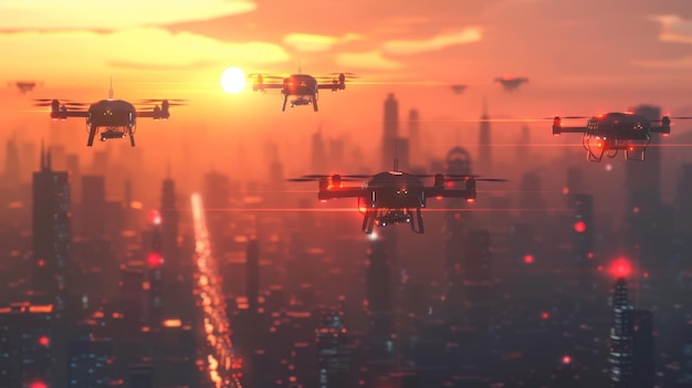 A fleet of air quality monitoring drones flying over the city collecting and transmitting data to a