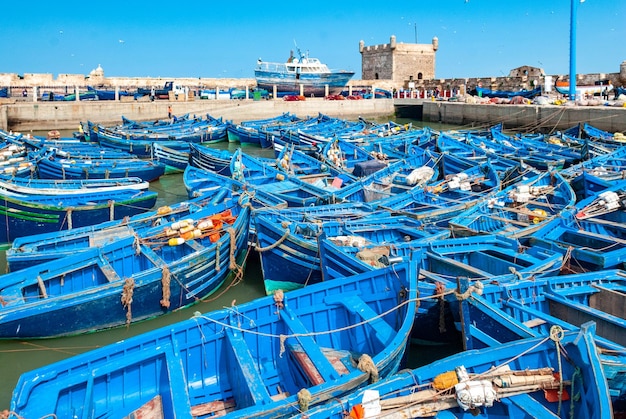 A fleet of blue fishing boats huddled together in the port of Essaouira in Morocco