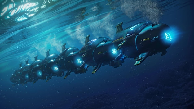 Photo a fleet of futuristic submersibles travel through the deep blue ocean