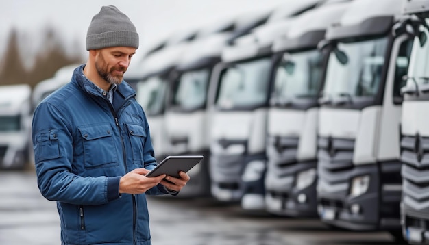 Photo fleet management manager with digital tablet against truck background overseeing transportation