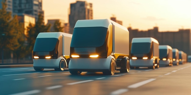 Photo a fleet of modern delivery trucks on the road during sunset showcasing innovation in transportation and logistics