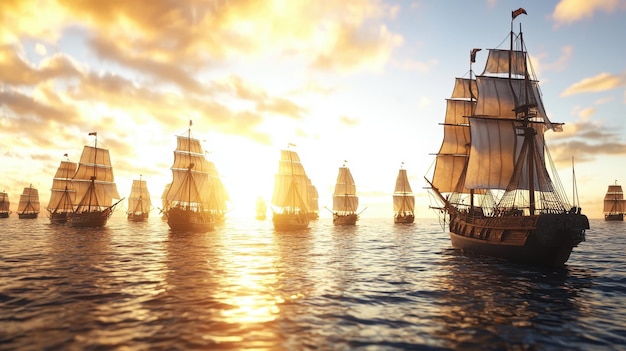 Photo fleet of sailing ships at sunset on the ocean