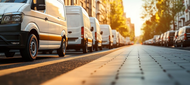 Photo fleet of white delivery vans parked on city street urban logistics and transportation concept