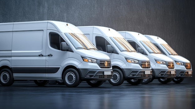 Photo fleet of white delivery vans transporting service logistics distribution shipping