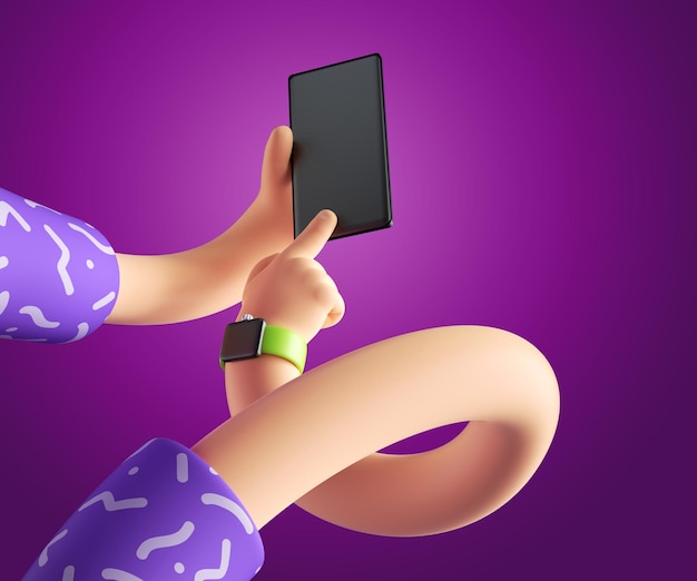 flexible boneless hands hold smartphone objects isolated on purple background