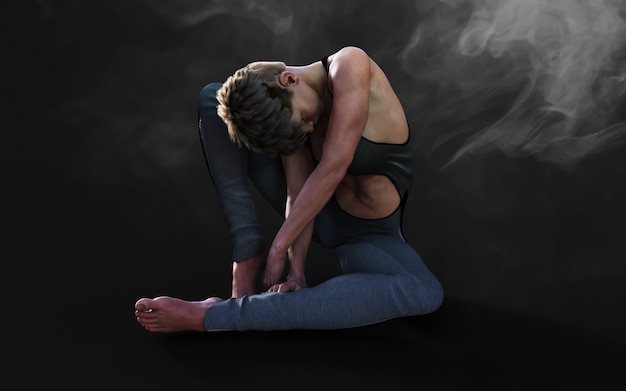 Flexible woman dancing and posing in the dark with smoke