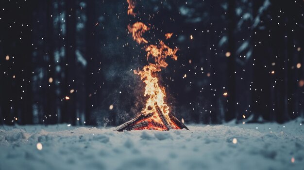 Photo the flickering flames of a campfire create a cozy glow as snow gently falls around it in a tranquil forest evoking a sense of peace and warmth on a cold winter night