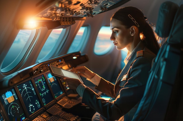 Photo a flight attendant is focused on a tablet while navigating the cockpit with sunset lighting illuminating the sky and instruments generative ai