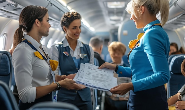 Photo a flight attendant is handing a certificate to a woman in a blue uniform