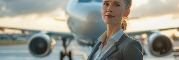 Photo a flight attendant poses with a smile near an airplane under a beautiful sunset showcasing professionalism and readiness for the journey ahead generative ai