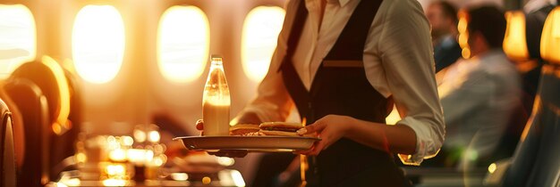 Photo a flight attendant serves snacks and a drink to passengers while the sun sets outside the airplane windows generative ai