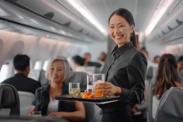 A flight attendant smiles warmly as she serves drinks to passengers on an airplane