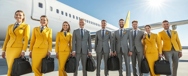 Flight Attendants in Yellow and Gray Uniforms Smiling on the Deck Near Airplane