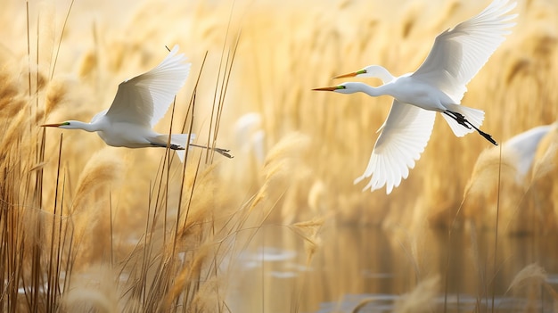 Flight of Egrets Bright Yellow Skies Over Reeds