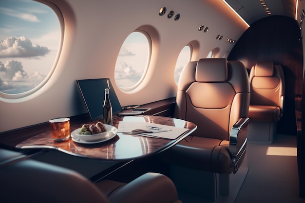 A flight with a tray of food and a bottle of wine on the table.