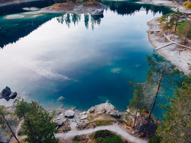 Flims caumasee blue water lake at Switzerland, alpine mountains