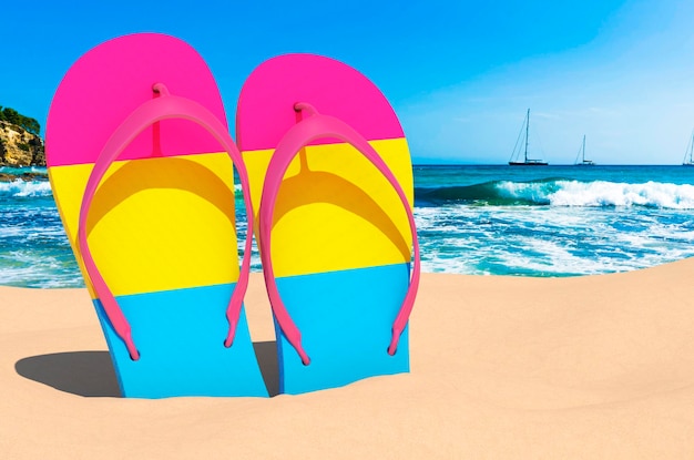 Flip flops with pansexual flag on the beach 3D rendering