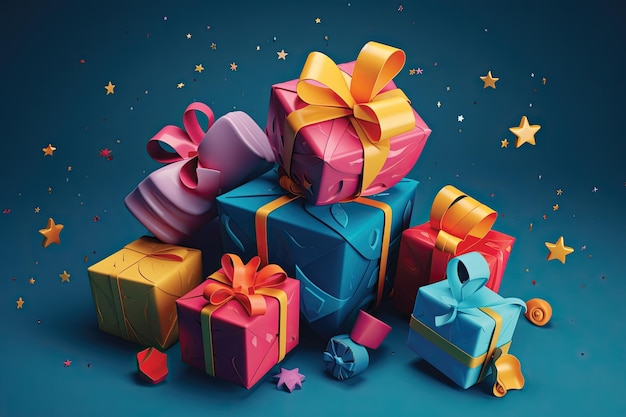 float of colorful boxes full of presents 3d birthday icon with presents blue background