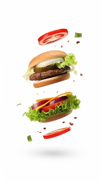 Floating American hamburger on white background