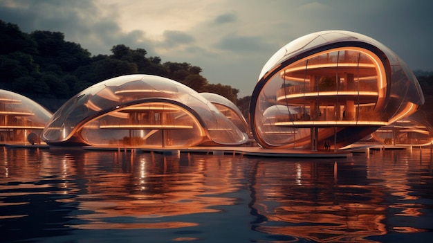 Floating architecture advanced technology innovative aquatic structures sustainable living futuristic design Created with Generative AI technology