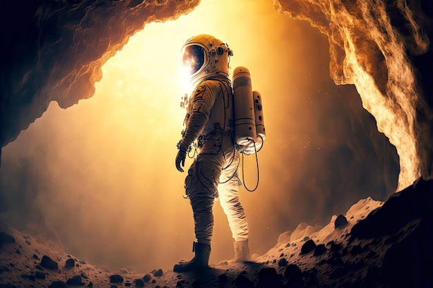 Floating astronaut in cave against background of sunlight