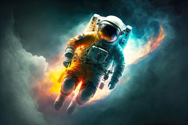 Floating astronaut in costume passing through nebula