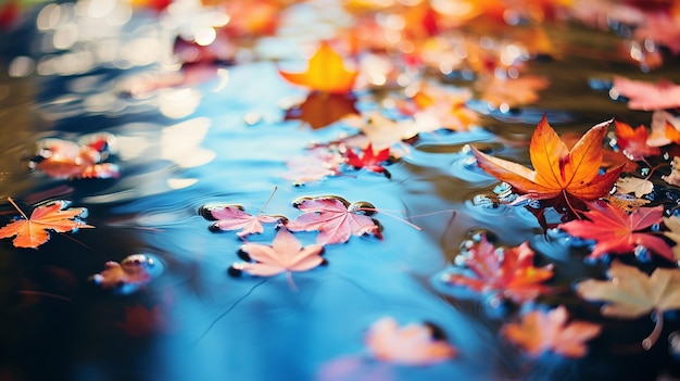 Floating Autumn Colorful Fall Leaves in Pond or Lake Water