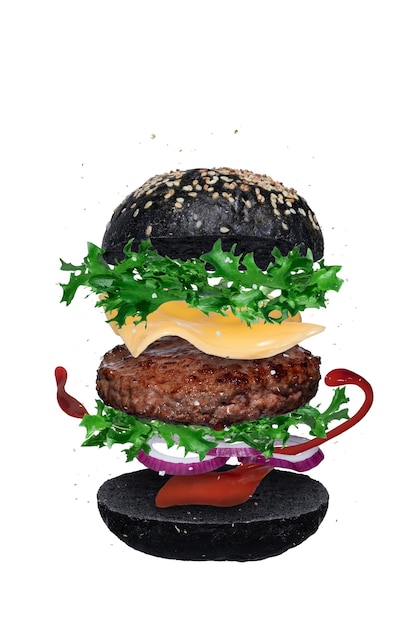 Floating black burger layer isolated on white background. Ingredients of a delicious hamburger with ground beef patty, lettuce, onions, splash of sauce and mustard