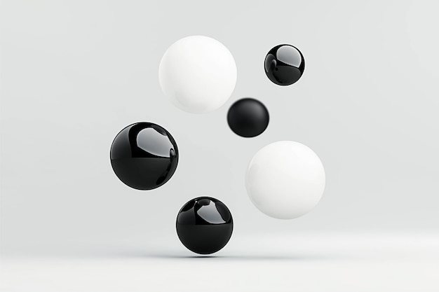 Photo floating black and white glossy spheres arranged in a balanced composition on a light gray